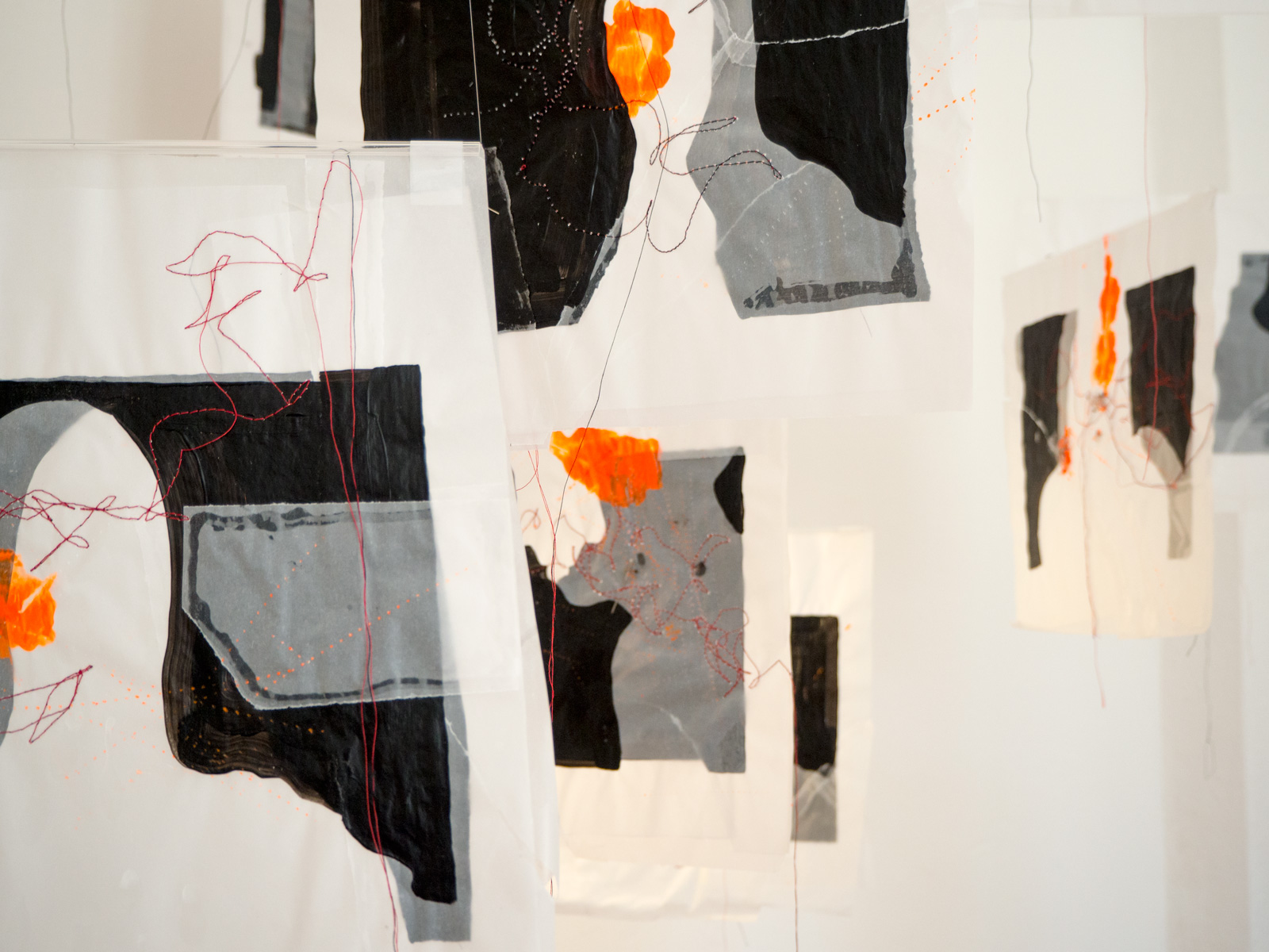 Anja Asche – 11 Uhr / 11 clock. Double-sided collage series, mixed media on transparent paper, 15 sheets