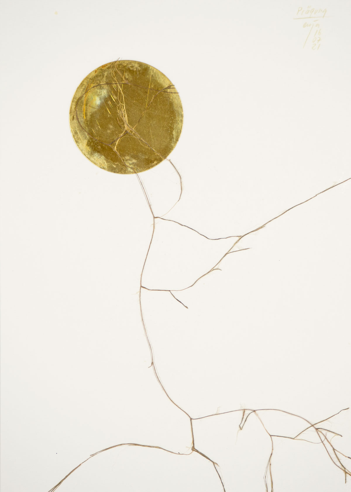 Anja Asche – Prägung, Din A4 Collagen Serie, Papier, Naturmaterialien, Messingscheibe, Kapa, 2021 / Imprint, Din A4 collage series, paper, natural materials, brass disc, Kapa// Berlin, Schwanenwerder, 2021