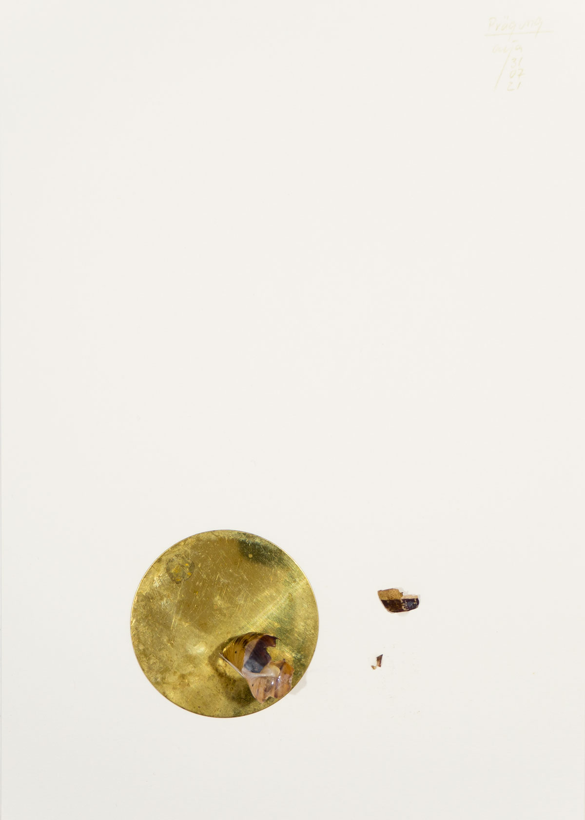 Anja Asche – Prägung, Din A4 Collagen Serie, Papier, Naturmaterialien, Messingscheibe, Kapa, 2021 / Imprint, Din A4 collage series, paper, natural materials, brass disc, Kapa// Berlin, Schwanenwerder, 2021