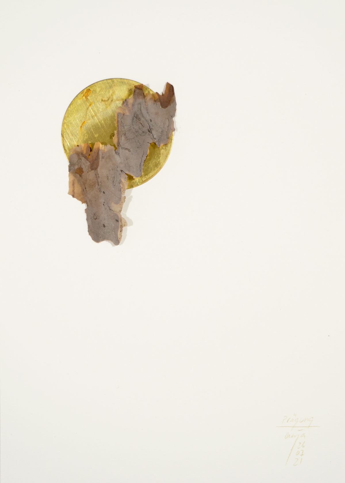 Anja Asche – Prägung, Din A4 Collagen Serie, Papier, Naturmaterialien, Messingscheibe, Kapa, 2021 / Imprint, Din A4 collage series, paper, natural materials, brass disc, Kapa// Berlin, Schwanenwerder, 2021