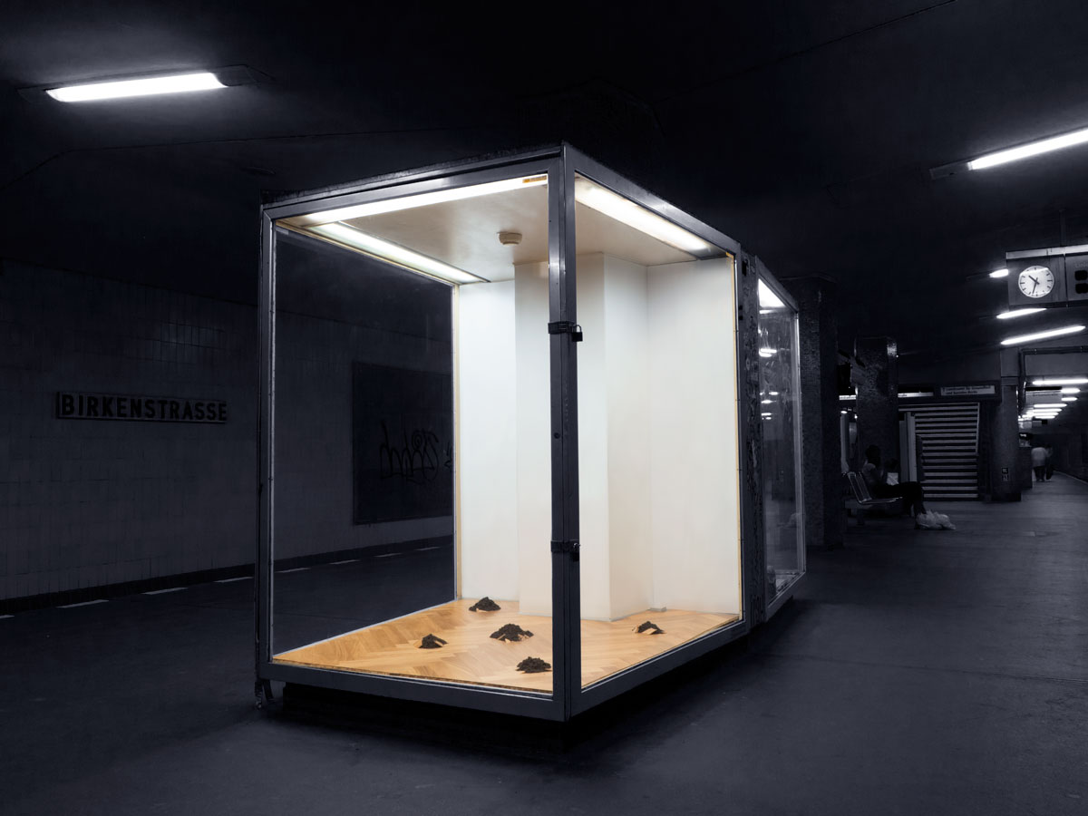 Anja Asche – Untergrund, Installation, Parkett und Erde, ca. 180 x 155 x 200 cm, Ansicht Vitrine01 seitlich