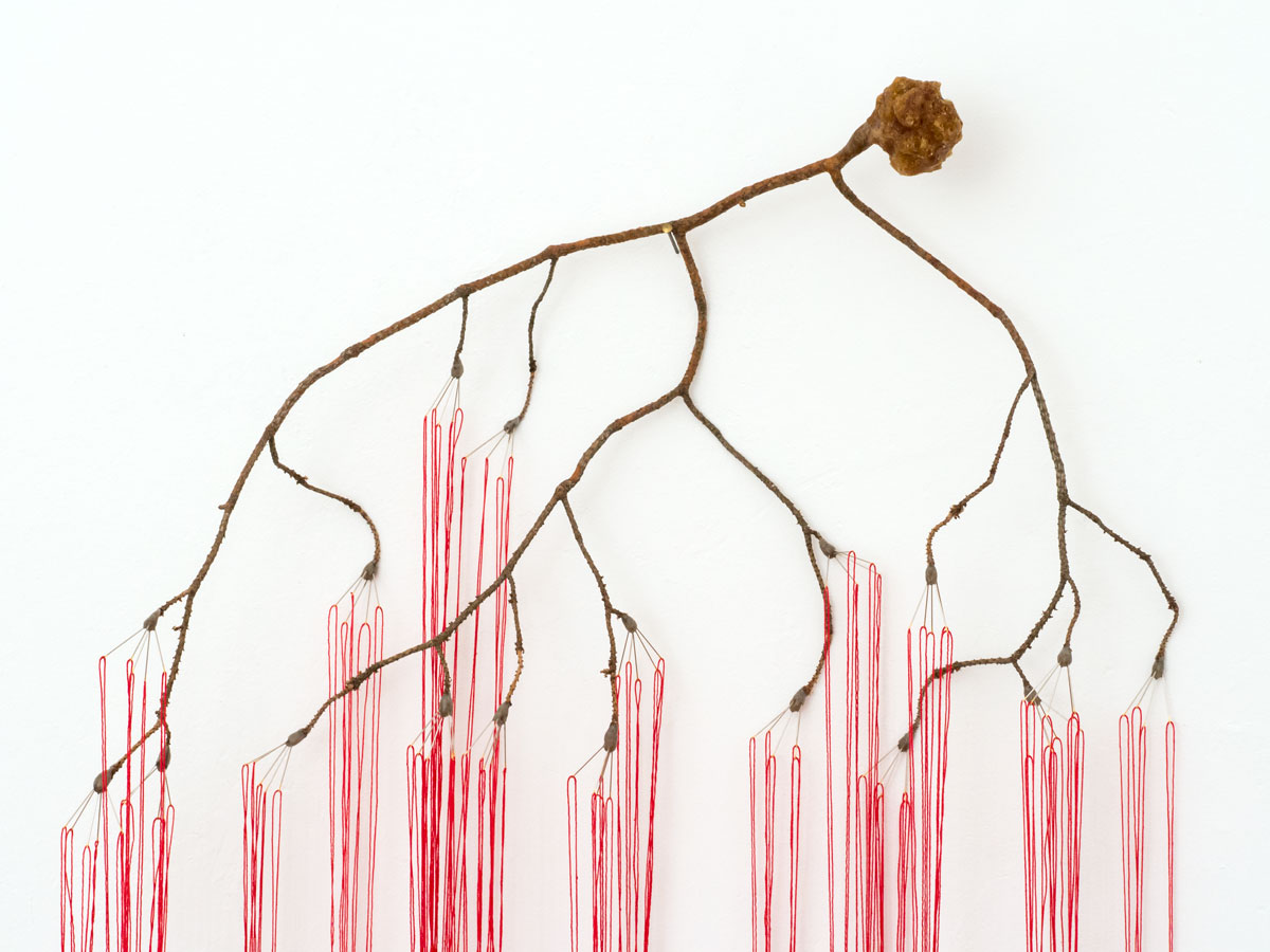 Anja Asche – selbstlos / selfless – sculpture / object art, branch, yarn, needles, wax, about 55 x 180 x 60 cm, 2019