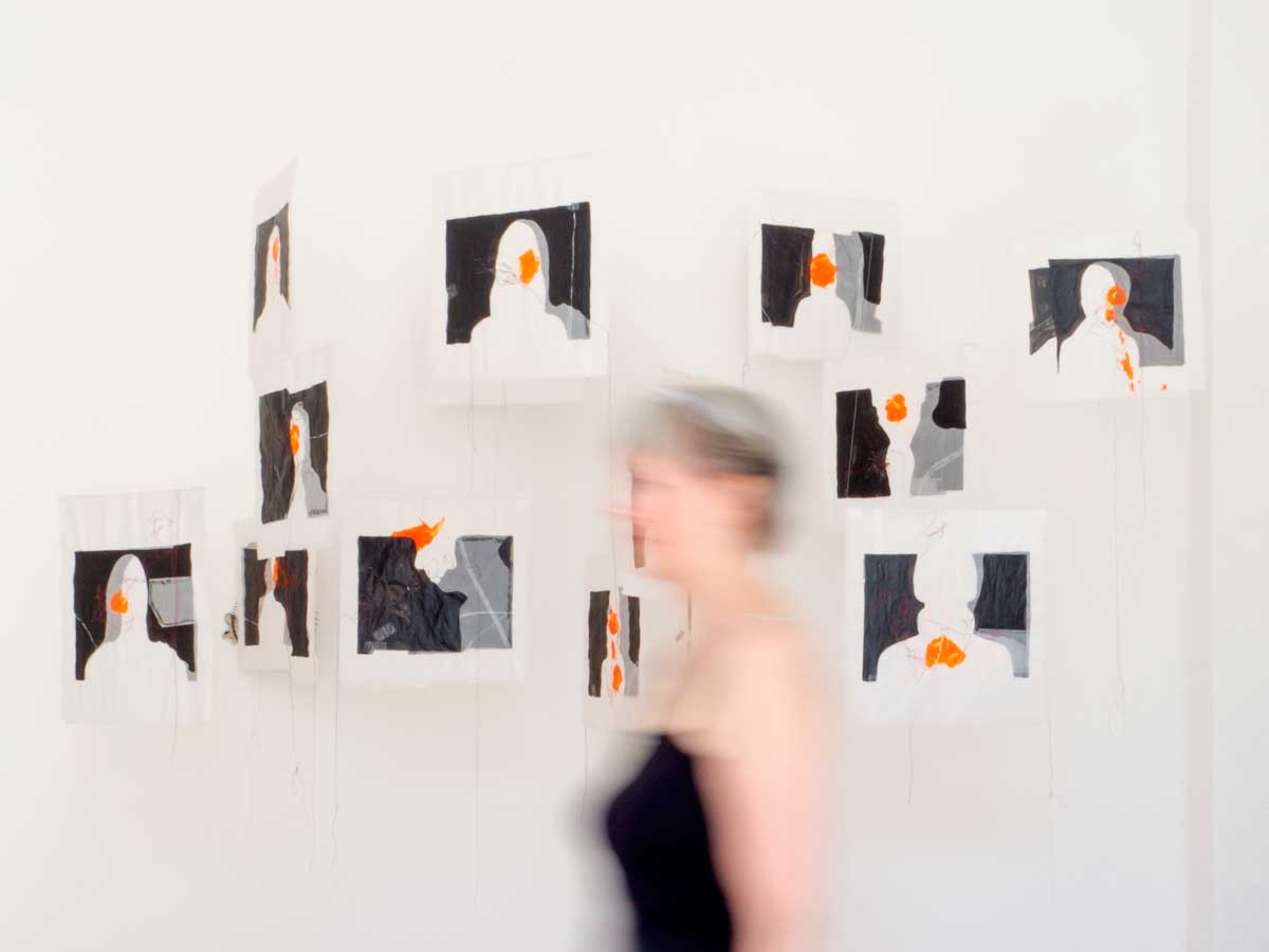 Anja Asche – 11 Uhr / 11 clock. Double-sided collage series, mixed media on transparent paper, 15 sheets. Installation view.