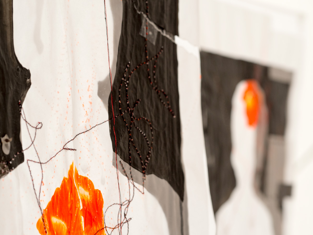 Anja Asche – 11 Uhr / 11 clock. Double-sided collage series, mixed media on transparent paper, 15 sheets. Detail 02.